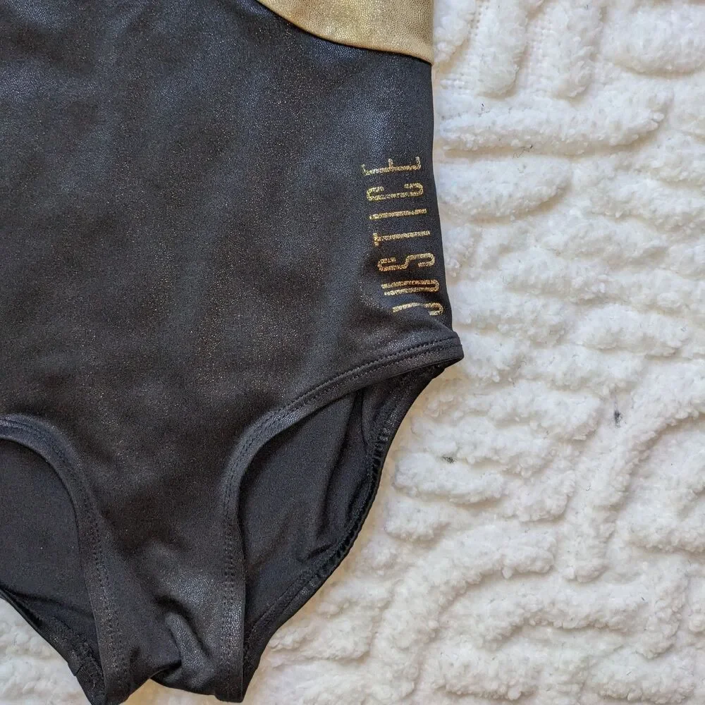 Justice Active Girls Leotard Black Gold Shimmer Gymnastics Dance Cheer Size 7